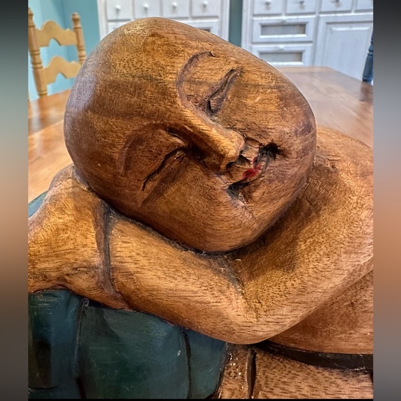 Vintage Hand Carved Hand Painted Wooden Resting Buddha - Picture 4 of 6